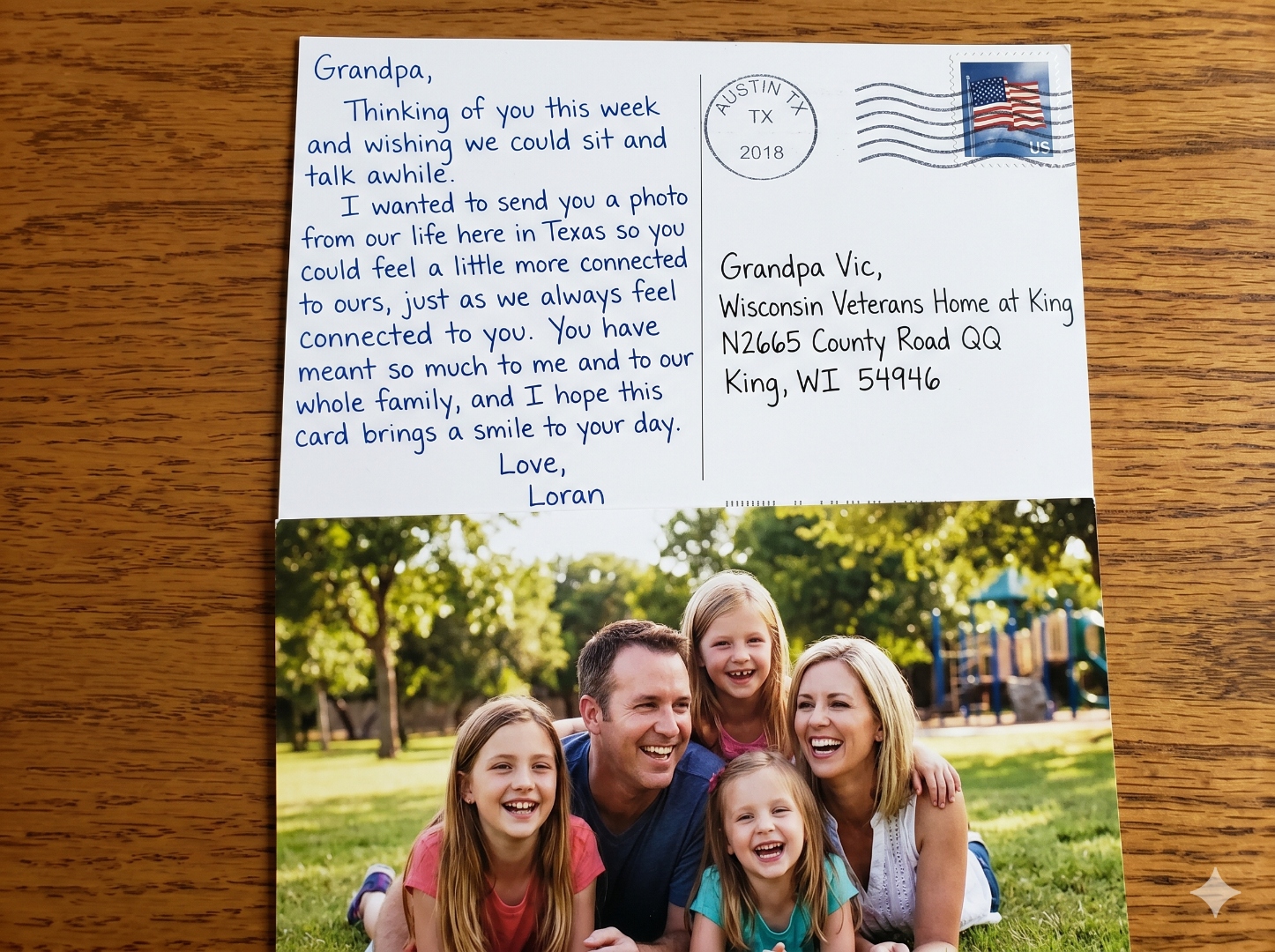Example Bright Mailbox postcard showing a heartfelt note and family photo